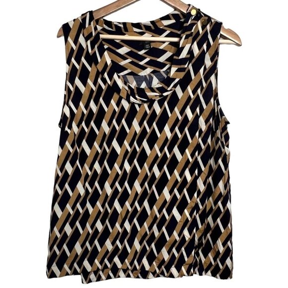 Ann Taylor Petites Womens Size 14P Tan Blue Geometric Print Asymmetrical Blouse - Picture 1 of 10